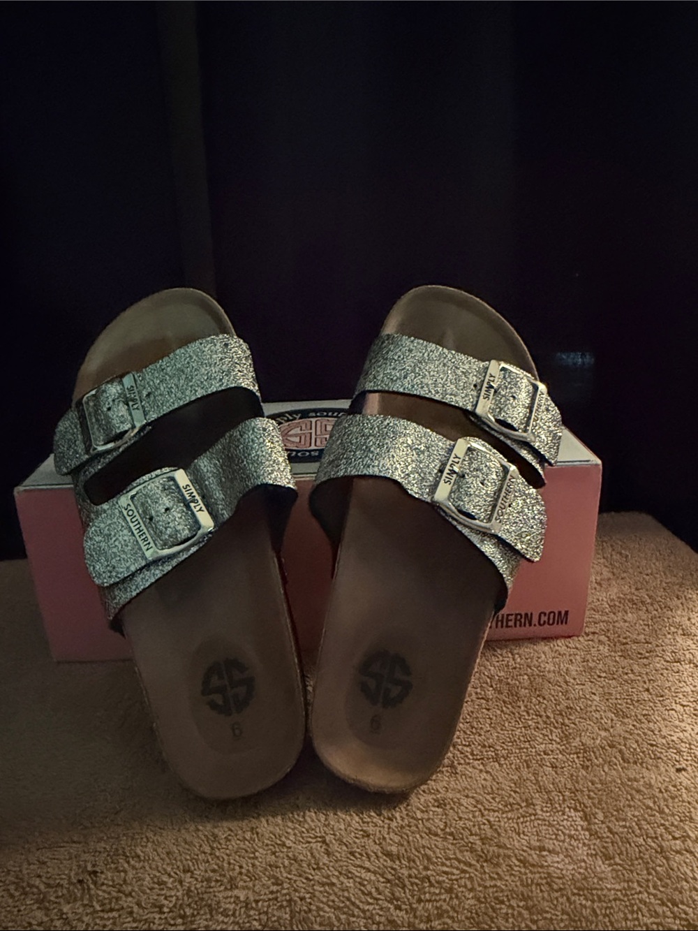 Simply Southern Silver Glitter Double-Buckle Slide Sandals